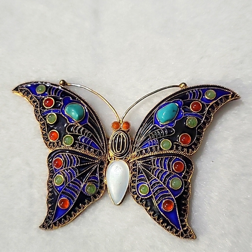 MMA CLEO Sterling Silver Enamel Multi-Precious Stones Butterfly Brooch